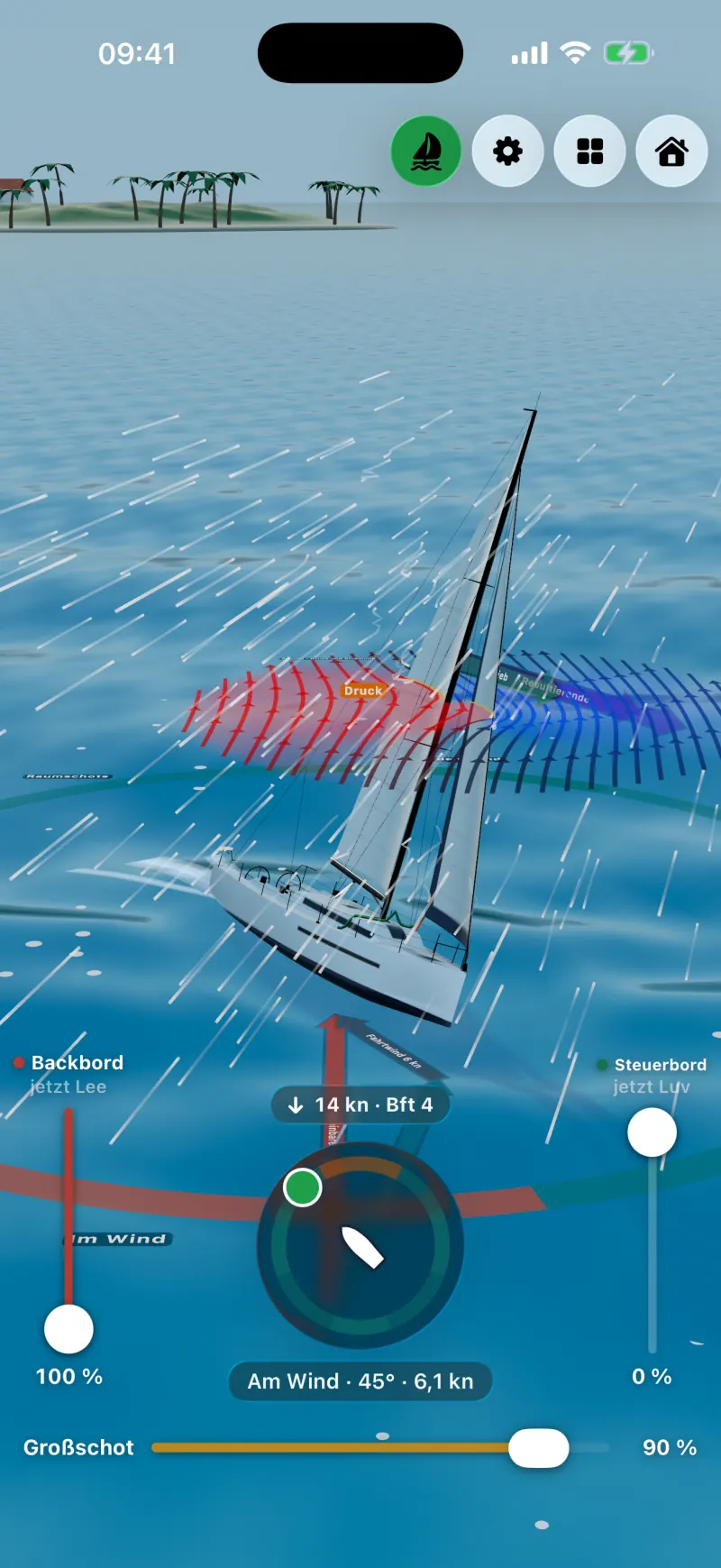 Sailforce auf dem iPhone: 3D-Yacht am Wind mit roten und blauen Strömungslinien, Druckfeld am Segel, Kielwasser, Kursring und Schot-Reglern, am Horizont eine Insel mit Palmen
