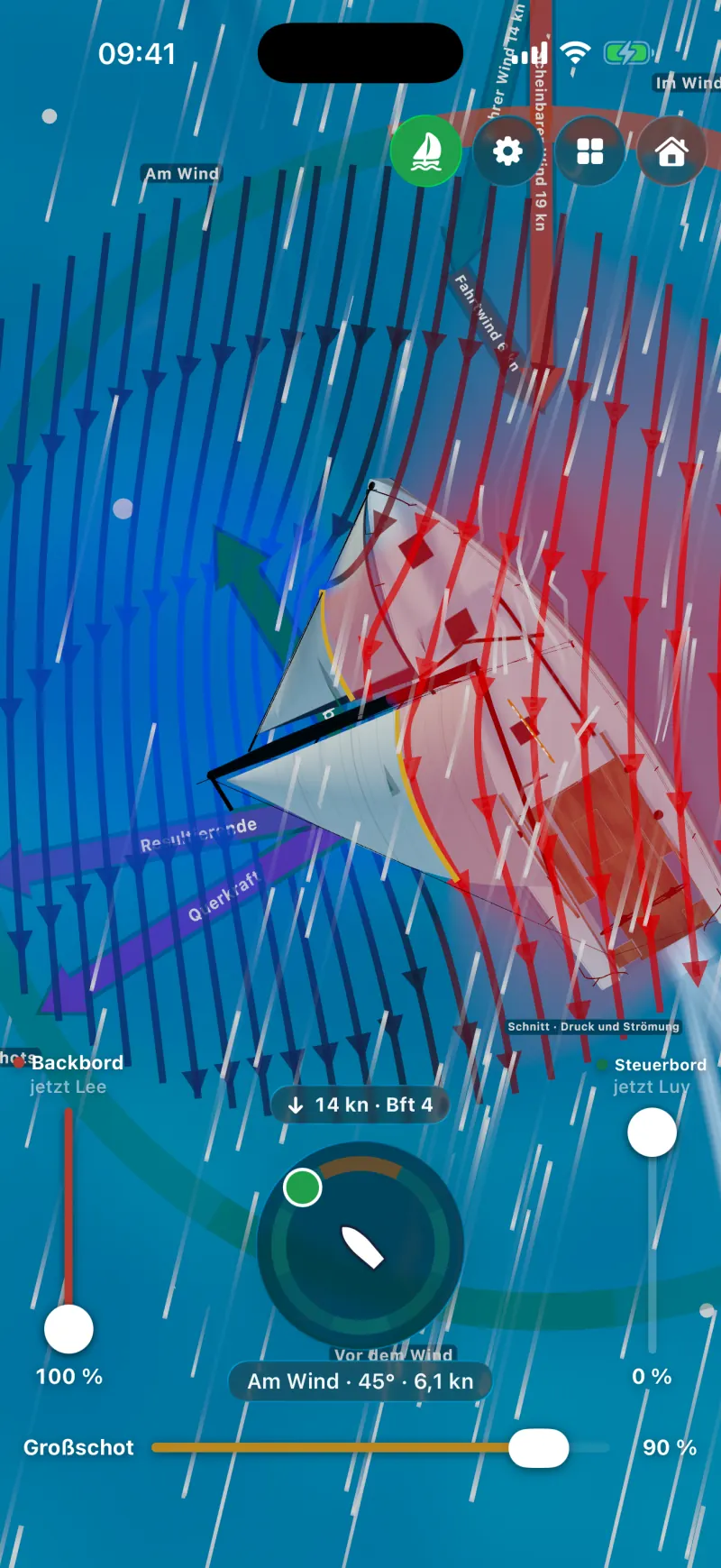 Sailforce auf dem iPhone: Draufsicht auf den Schnitt durchs Segel, Strömung und Druck in Blau und Rot wie im Lehrbuch