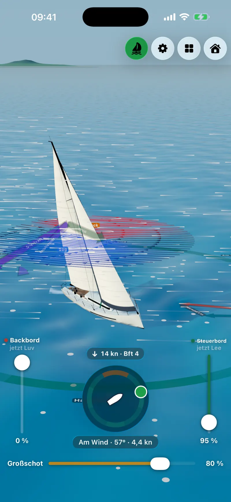 Sailforce auf dem iPhone: Yacht mitten in der Wende, im Wind, mit Windlinien und Kursanzeige