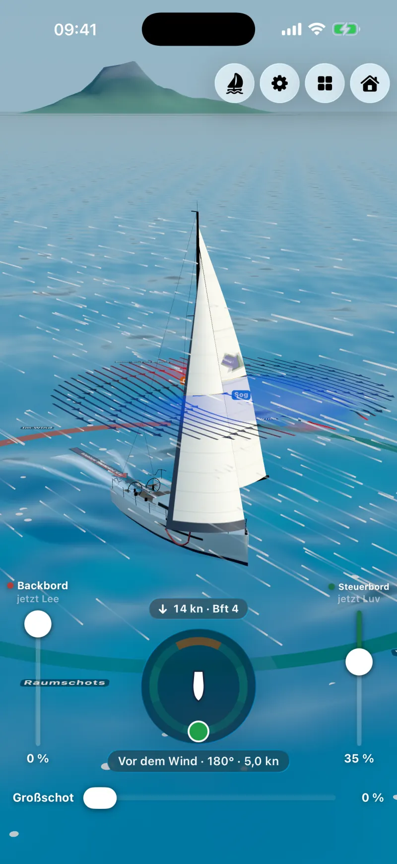 Sailforce auf dem iPhone: Yacht vor dem Wind als Schmetterling, Fock auf der einen, Großsegel auf der anderen Seite, dahinter eine Berginsel