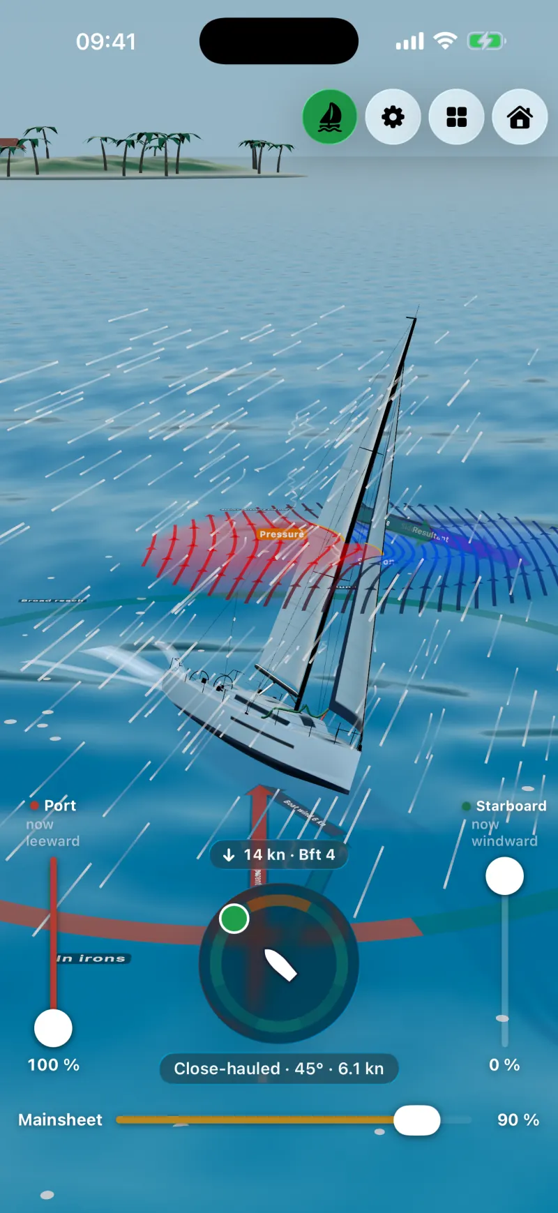 Sailforce on iPhone: 3D yacht close-hauled with red and blue streamlines, a pressure field on the sail, a wake, the course ring and sheet sliders, with a palm island on the horizon