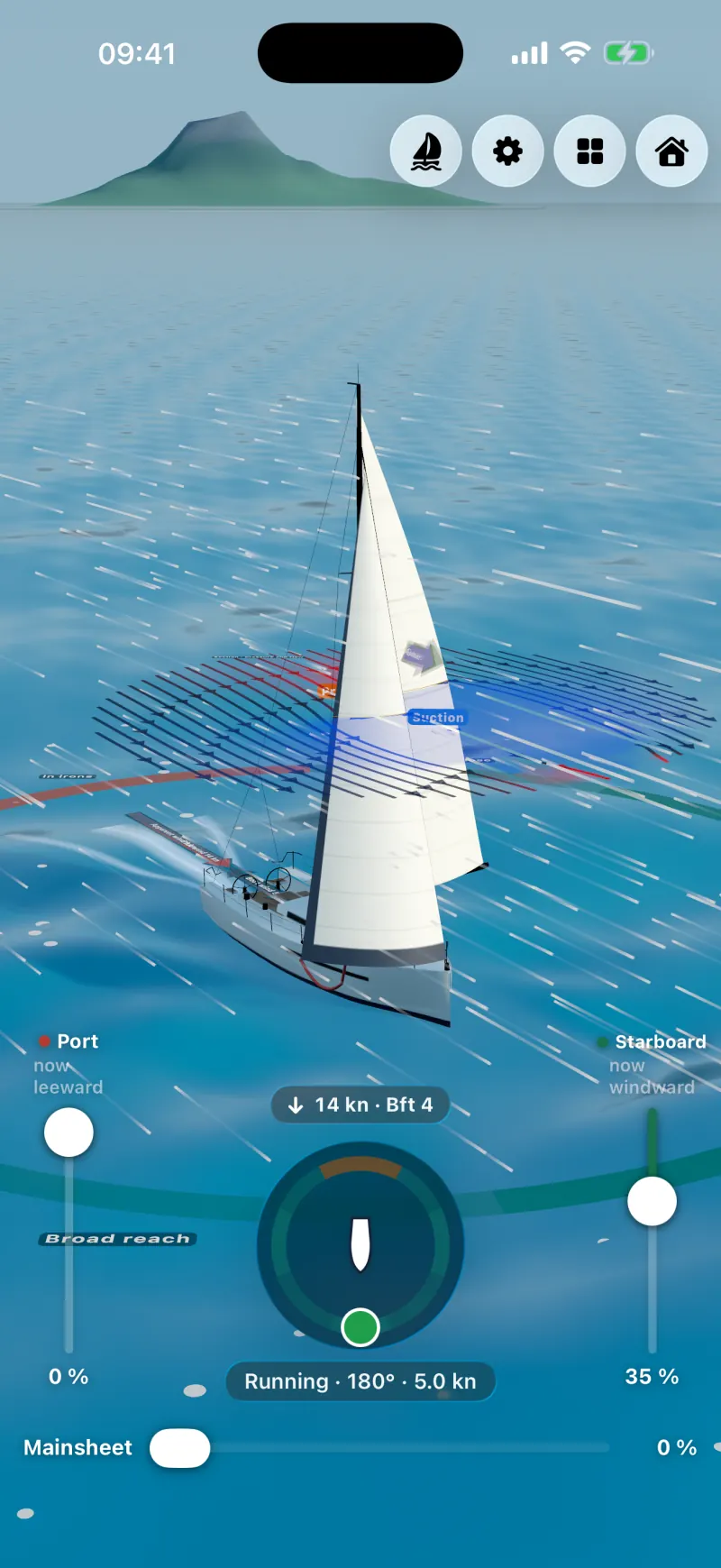 Sailforce on iPhone: yacht running wing on wing, jib on one side, mainsail on the other, a mountainous island behind