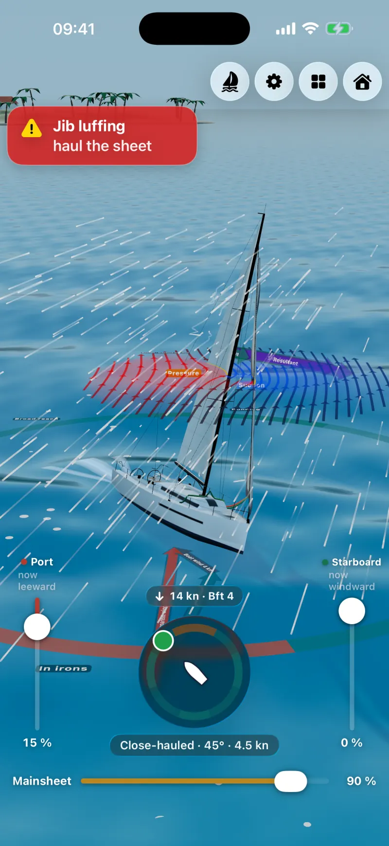 Sailforce on iPhone: trim hint “Jib luffing · haul the sheet” above the 3D yacht