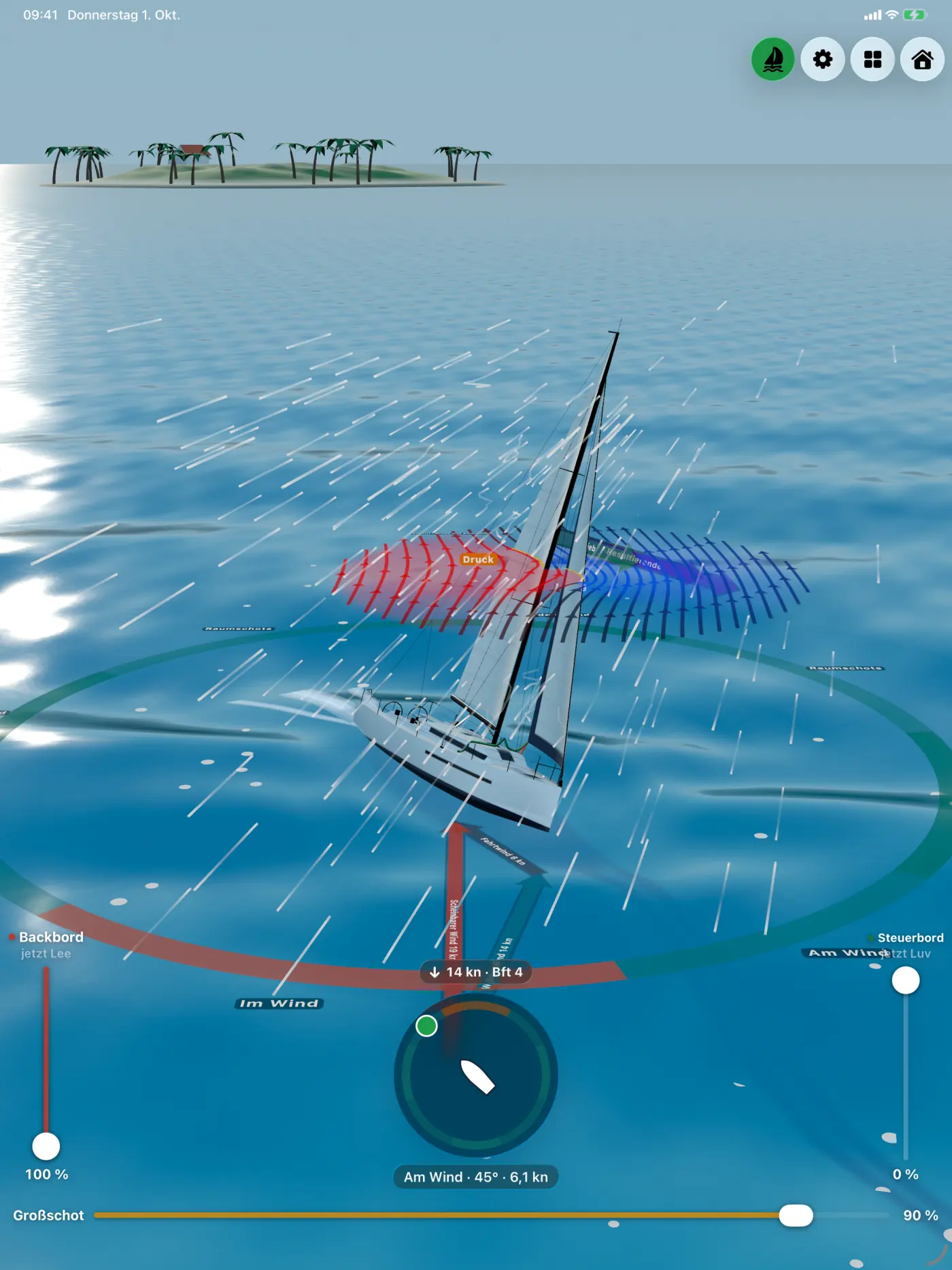 Sailforce auf dem iPad: 3D-Yacht am Wind mit Strömungslinien, Kielwasser, Kursring, Schot-Reglern und Windanzeige 14 Knoten, Beaufort 4, im Hintergrund Sonnenspiegelung auf dem Wasser und eine Insel mit Palmen