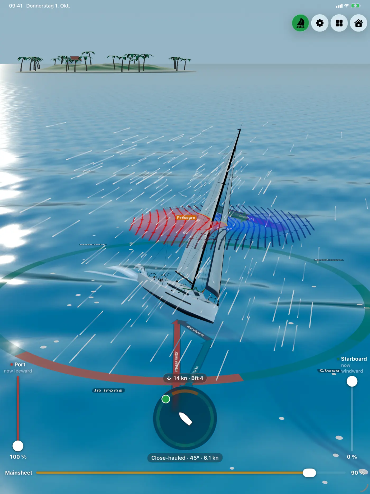 Sailforce on iPad: 3D yacht close-hauled with streamlines, a wake, course ring, sheet sliders and a wind readout of 14 knots, Beaufort 4, with sun glitter on the water and a palm island in the background